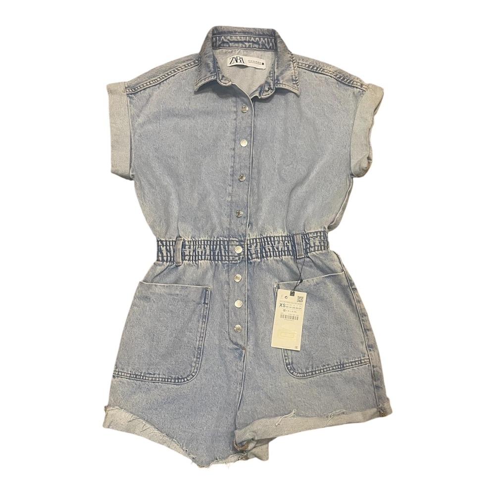 Zara Denim Romper Light Wash Button Front Elastic Waist XS New With Tags